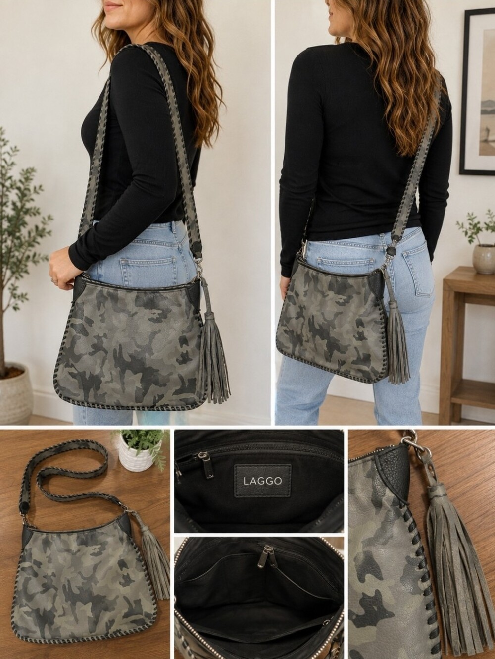 Laggo Gray Camo Leather Hobo Bag Wide Strap Whipstitch Tassel